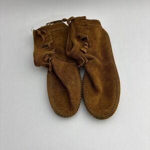 VTG Minnetonka Hard Sole Back Zip Fringe Ankle Boot Moccasin USA Womens Sz 6.5